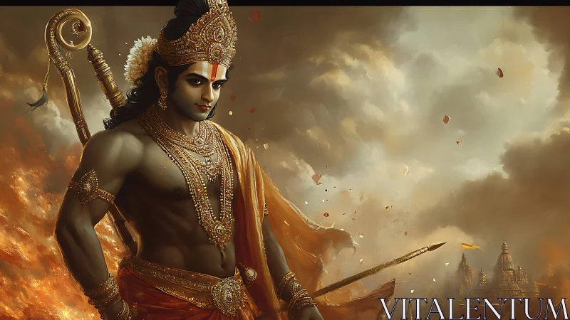 Warrior deity stands amid burning battlefield sky