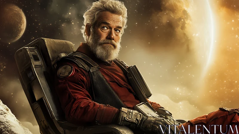 Seasoned space explorer rests quietly amid glowing planets