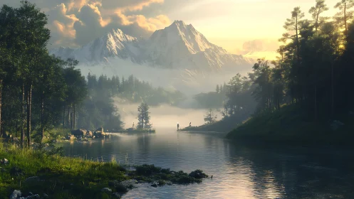 Golden sunrise over misty alpine lake and distant hiker.
