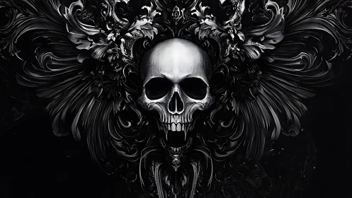 Baroque chrome skull erupting from swirling black petals.
