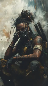 Brooding wasteland sentinel in gas mask and urban armor.