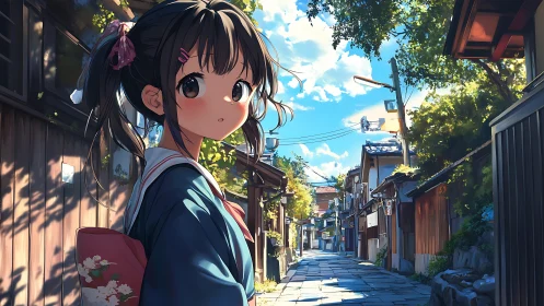 Anime girl in yukata walks through sunlit traditional alleyway
