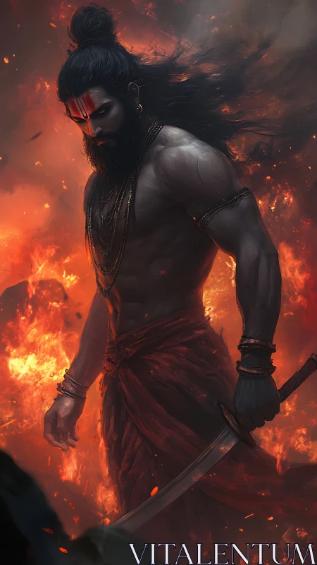 Warrior ascetic stands amid roaring firestorm with blade.