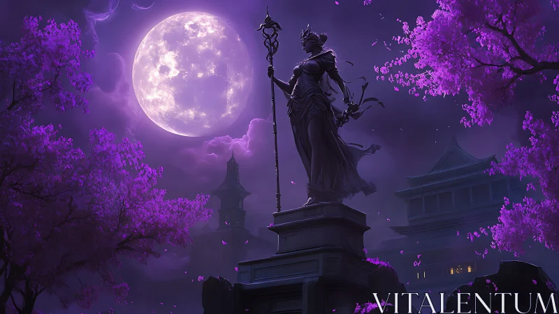 Moonlit goddess statue stands amid violet cherry blossoms