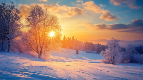 Winter sunrise over snowy forest and open meadow.
