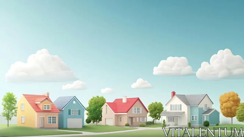 Colorful suburban houses under serene blue sky panorama.