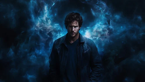 Brooding man in blue energy storm suggests dark inner power