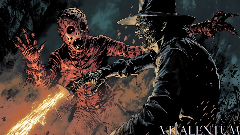 Masked humanoid and skeletal figure in fiery night combat.