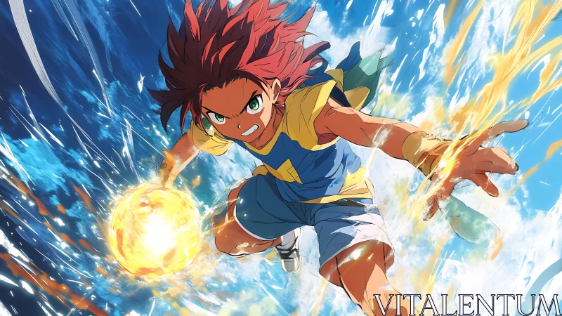 Fiery young hero charges forward with bright unstoppable energy