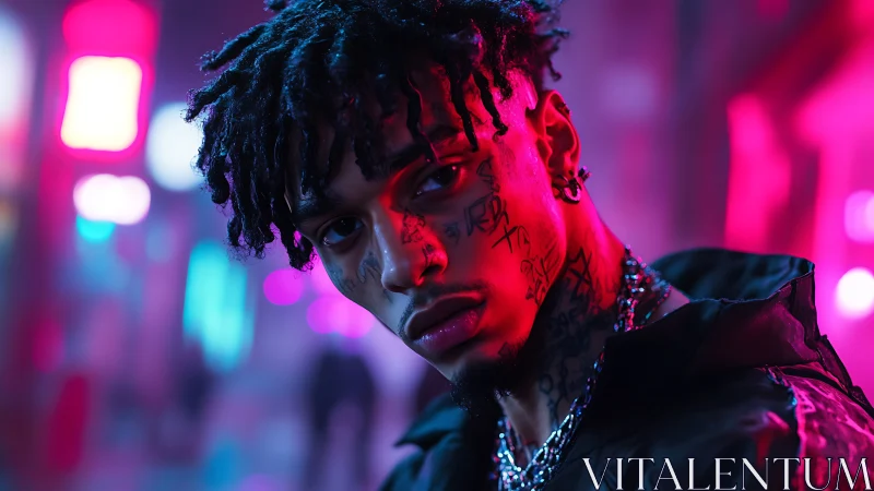 Tattooed man under neon city lights at night portrait.