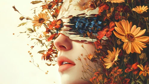 Surreal female portrait with blooming flowers and blindfold.