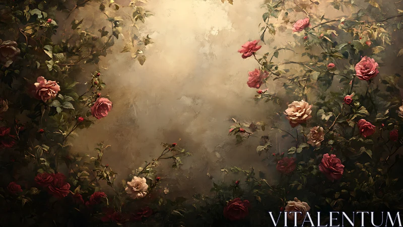 Garden Whispers: Where Roses Dance Through Gilded Mist