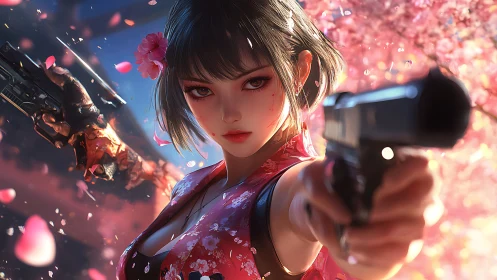 Female gun wielder stands amid cherry blossoms in focus