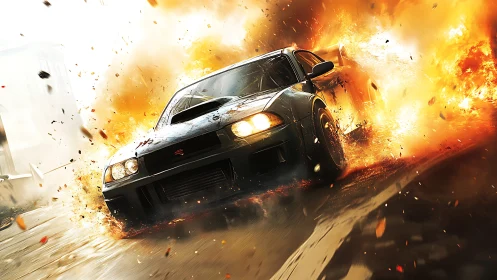 Black sports car passing urban explosion with debris field.