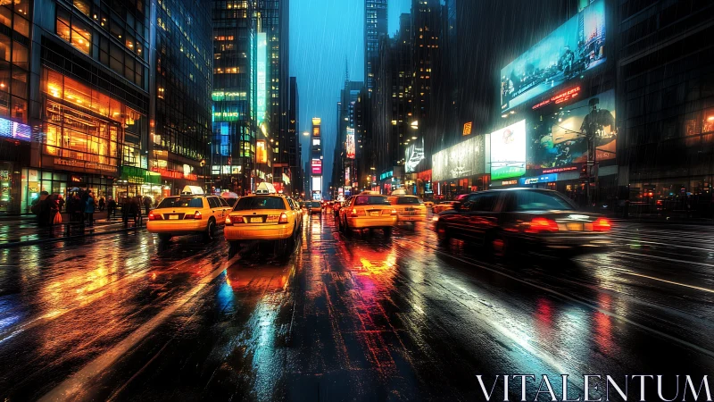 Neon taxis streak through rain as the sleepless city inhales light