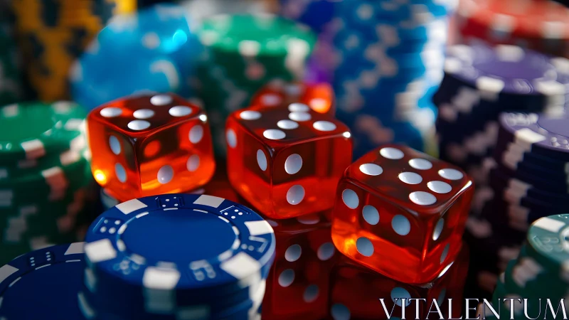 Red dice and colorful casino chips on reflective table surface.