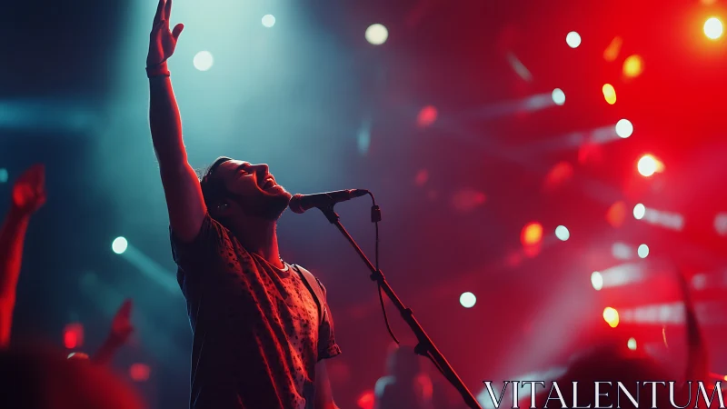 Joyful singer reaching for the lights on a vibrant stage.
