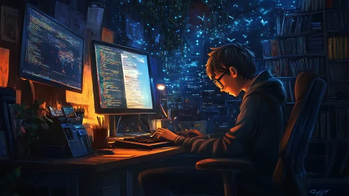 Focused young programmer coding late in a glowing studio.