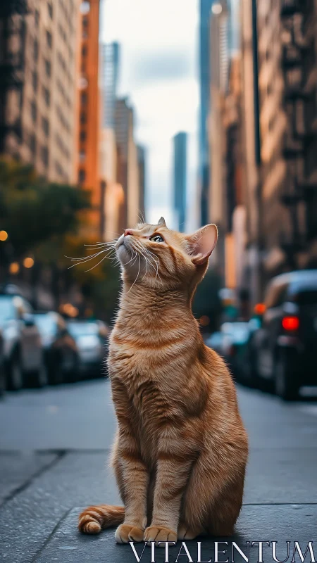 Orange tabby cat gazing upward in urban street canyon.