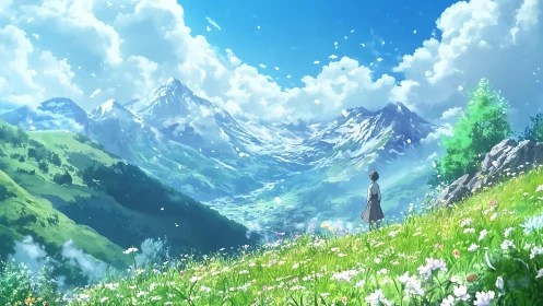 Sky-dusted Alps dreamscape with lone wanderer in bloom.