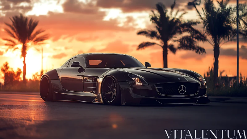 Low-slung performance coupé under sunset luminance analysis.