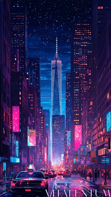 Neon-saturated urban canyon with axial skyscraper alignment.