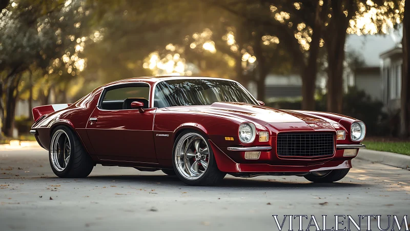 Classic red muscle car parked on suburban residential street.