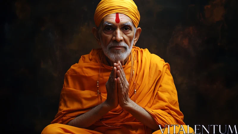 Elderly Hindu monk in saffron robes, folded hands, studio portrait