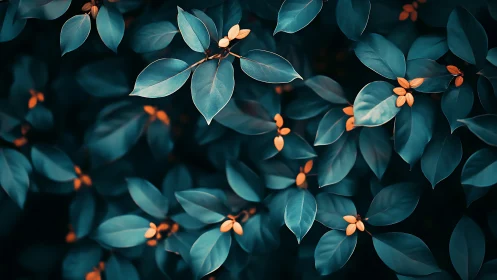Midnight teal leaves cradling ember-bright forest berries.