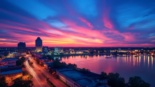Urban waterfront skyline under vivid sunset sky at dusk.