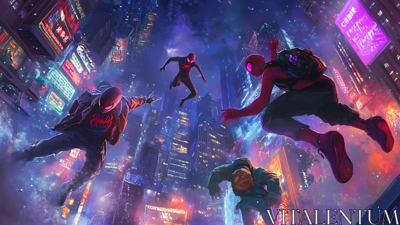 Spider-heroes leaping through neon-soaked multiverse skies.