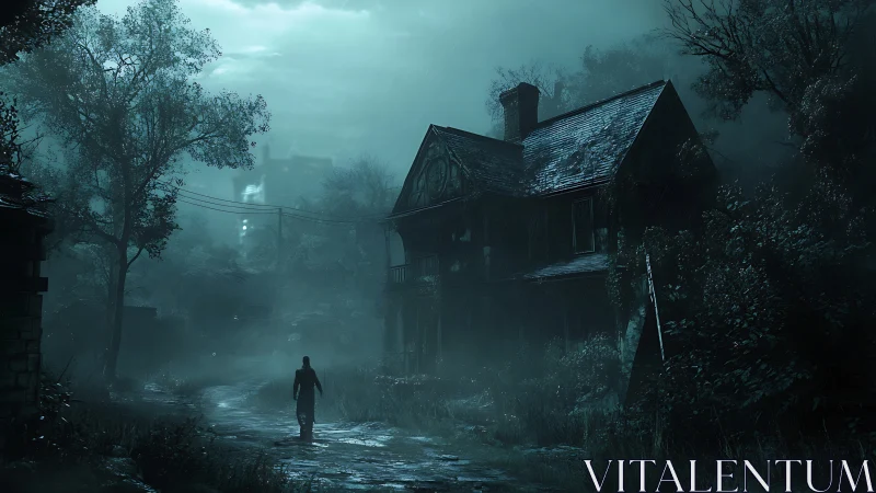Moody lone figure crossing misty lane beside decayed house.