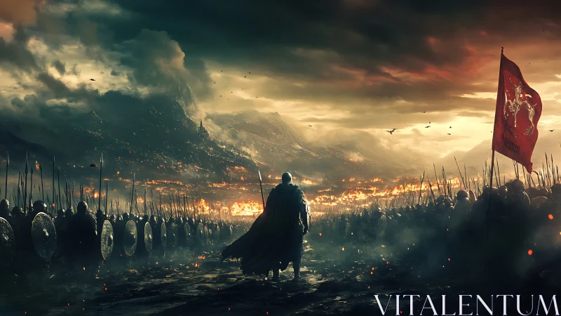 Medieval army formation before burning valley stronghold.