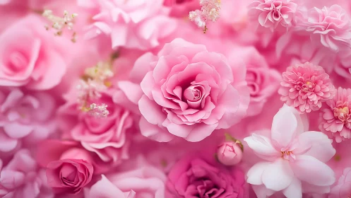 Pink floral abundance showcases layered blooms in soft focus.