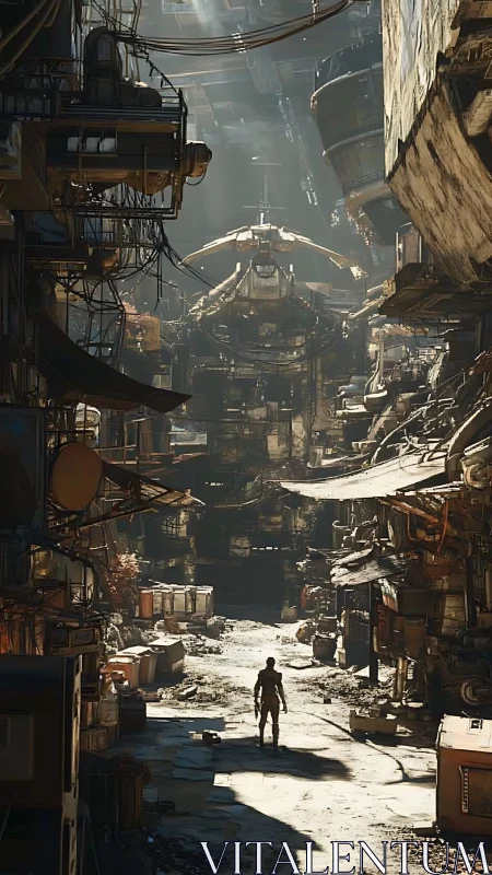 Lone scavenger strolls beneath rusted starship canyons