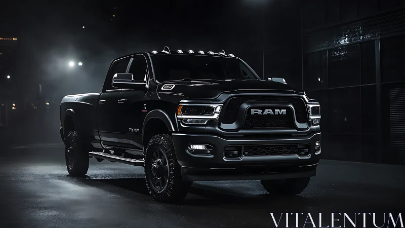 Black RAM pickup truck stands in dramatic low-key lighting.