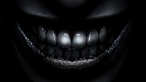 Close-up sinister smile shows reflective teeth in darkness