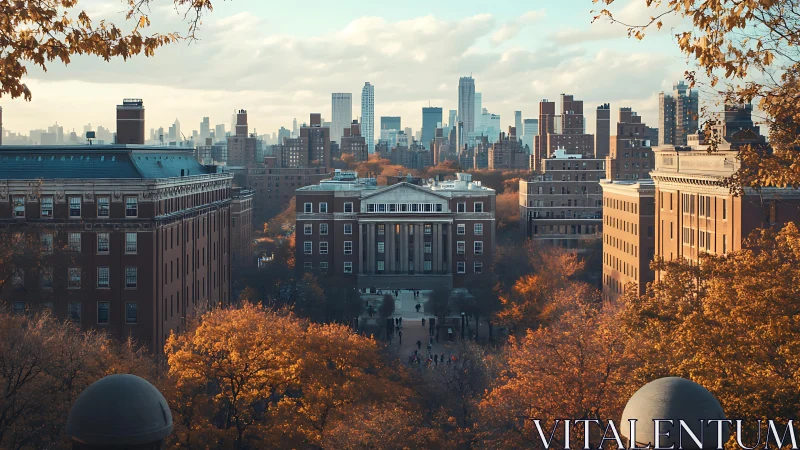 Sunlit campus courtyard embracing a calm autumn cityscape.