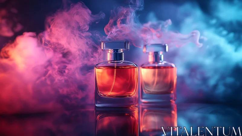 Glimmering perfume bottles glow gently in dreamy pink smoke