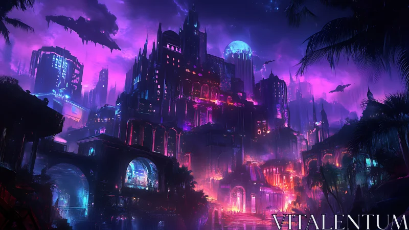 Futuristic neon cityscape under moonlit night sky.