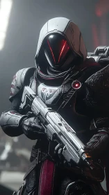 Armored tactical sentinel with emissive visor and rifle profile.