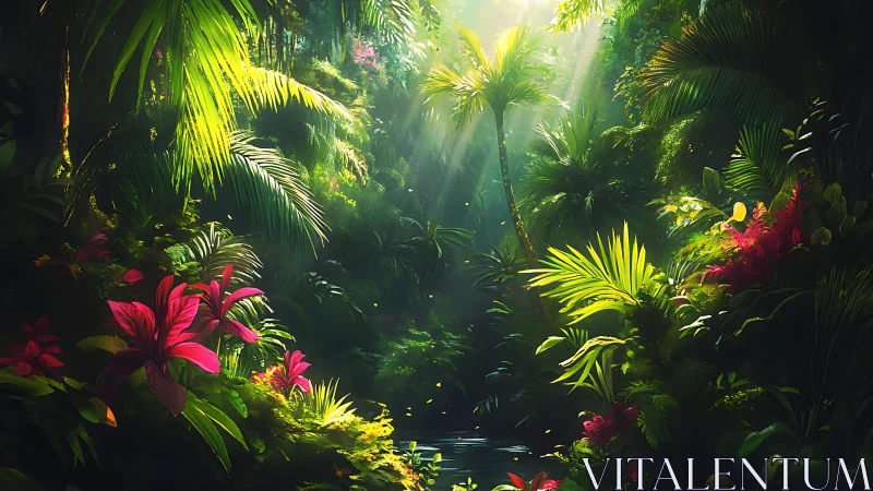 Tropical forest interior with directional light and flowering vegetation.
