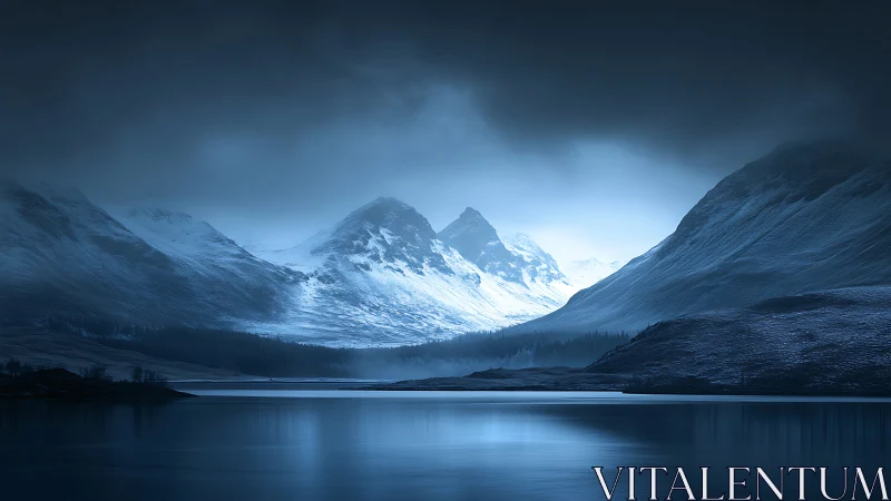 Midnight snow peaks reflect over still glacial lake.