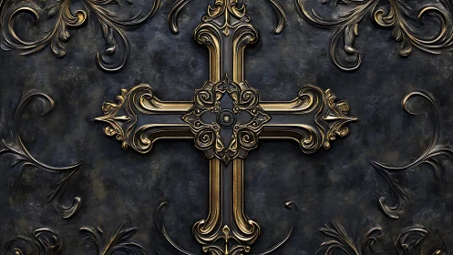 Ornate golden cross glowing against dark embossed metal.