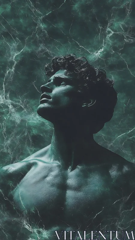 Iridescent marble figure emerging from turbulent teal void.