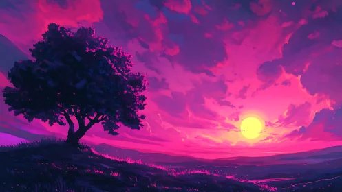 Single tree silhouette faces vivid pink digital sunset sky