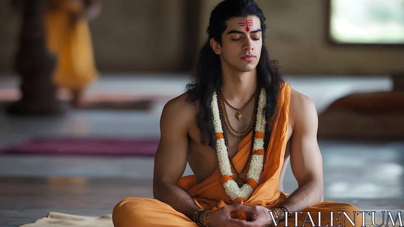 Young monk in serene meditation within a tranquil ashram hall