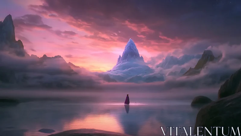 Digital painting of cloaked figure before luminous ice peak.