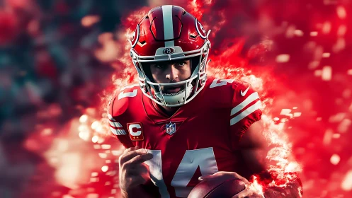Digital rendering shows football player in red uniform advancing