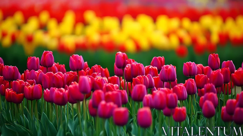 Red and Magenta Tulip Field with Yellow Backdrop Botanical Composition